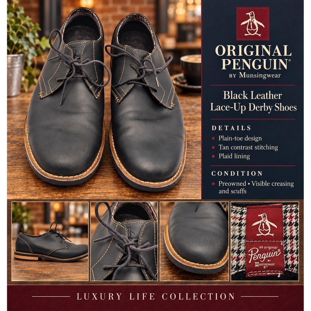 Original Penguin Munsingwear Mens Black Leather Derby Oxford Contrast Stitch